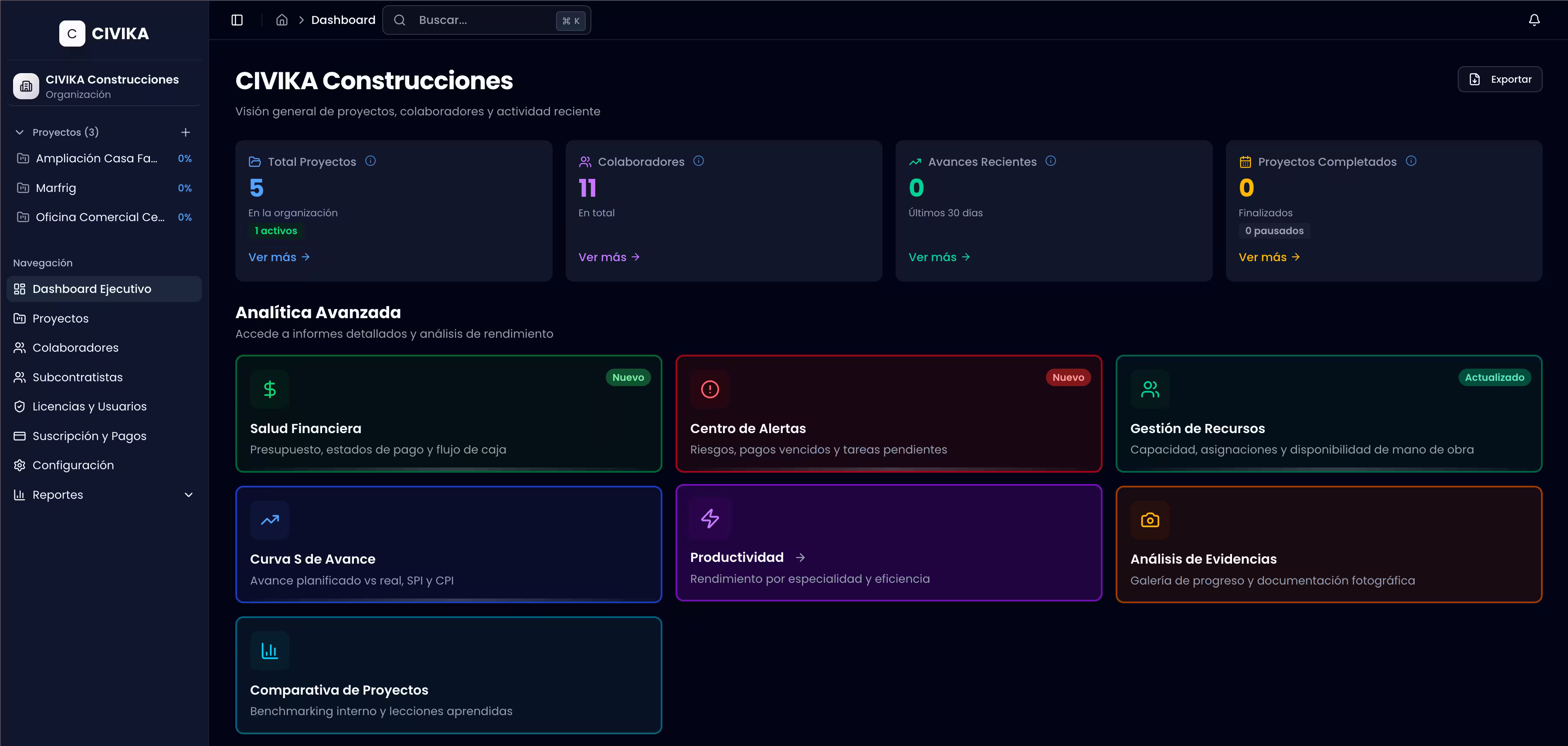 Plataforma digital para gestión de obras de construcción - Dashboard principal mostrando proyectos, informes y herramientas de seguimiento